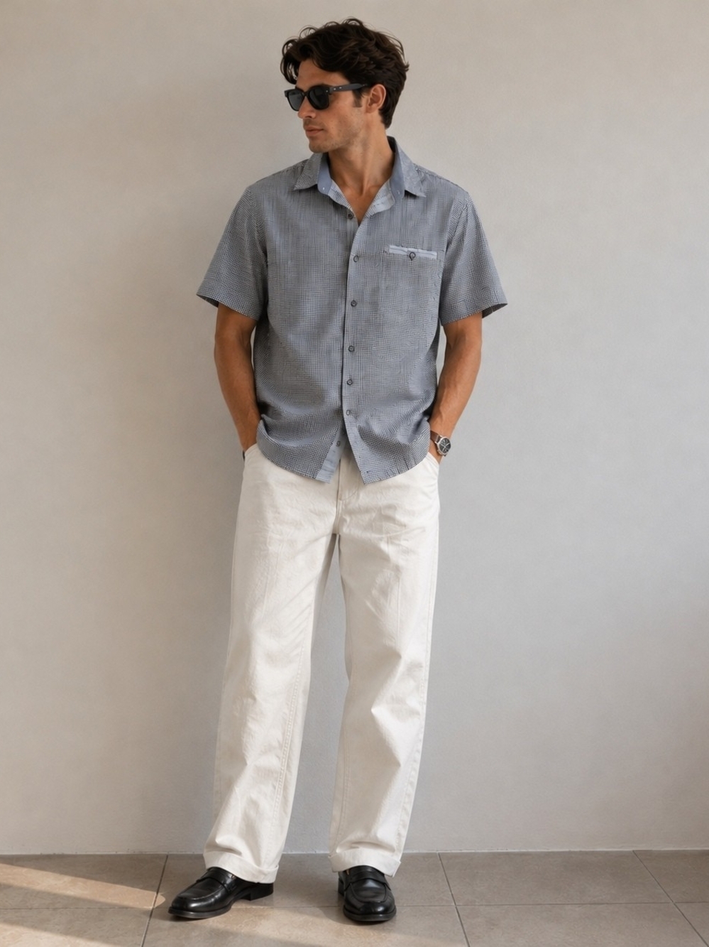 Grand Men Slim Fit Micro Check Short Sleeve Shirt XXL Cotton Stretch